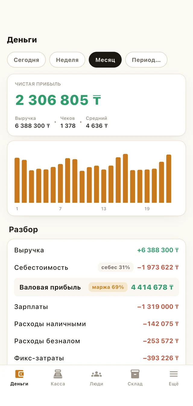 Экран «Деньги» в приложении 1Work